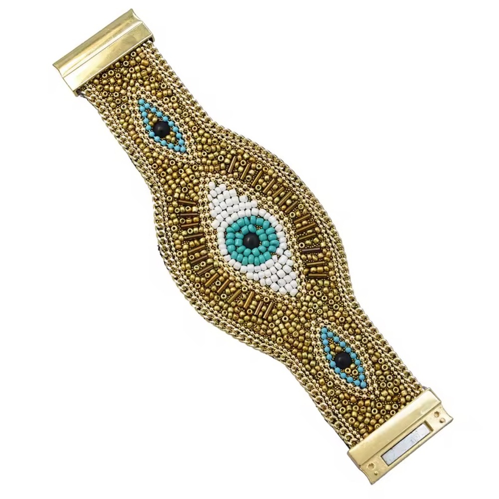 Beaded Evil Eye Statement Cuff Bracelet Gold & Tu… - image 2